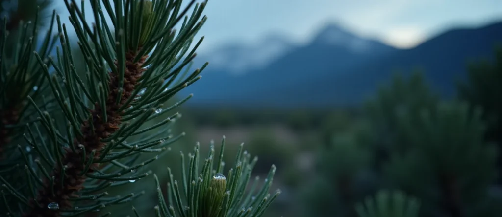 Symbolizing Flow/Cleansing: A local Sierra Juniper raindrops on desert leaves. - AI Generated