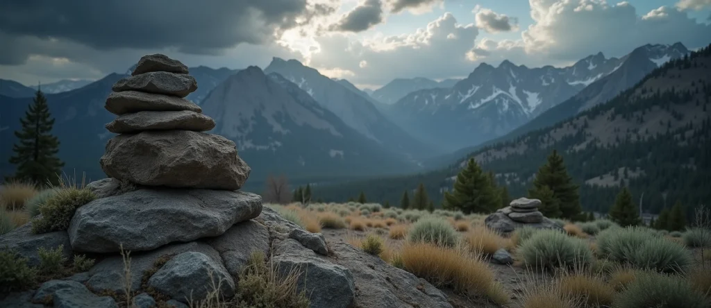 Symbolizing Stability/Peak: A local Quaking Aspen ancient rock cairn. - AI Generated