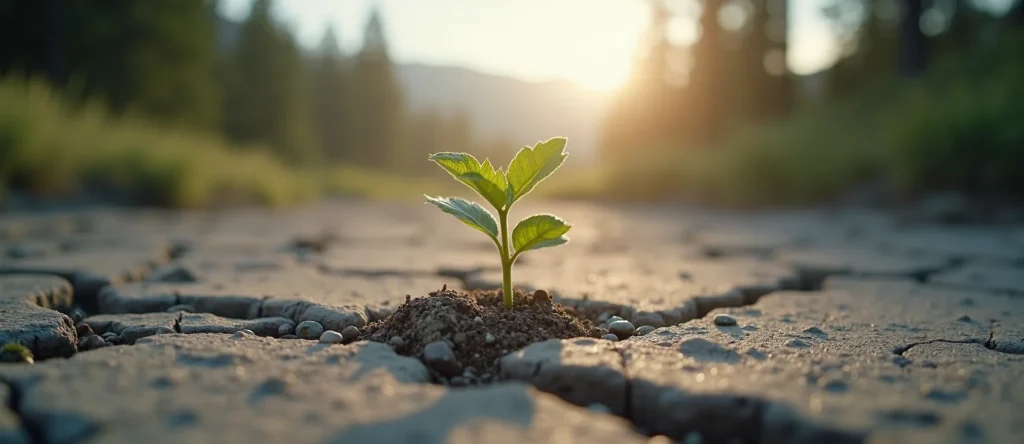 Symbolizing Seed/New Beginning: A local Desert Peach shoot emerging from cracked soil. - AI Generated