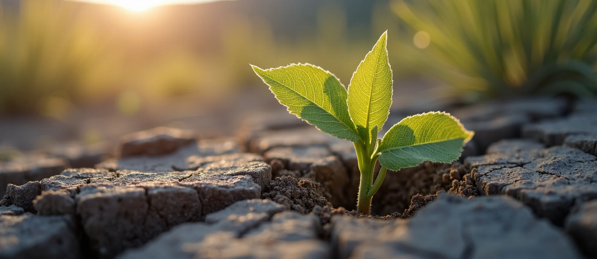 Symbolizing Seed/New Beginning: A local Rabbitbrush shoot emerging from cracked soil. - AI Generated