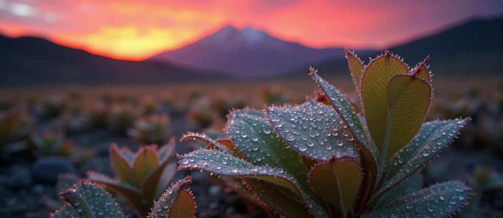 Symbolizing Flow/Cleansing: A local Indian Paintbrush raindrops on desert leaves. - AI Generated