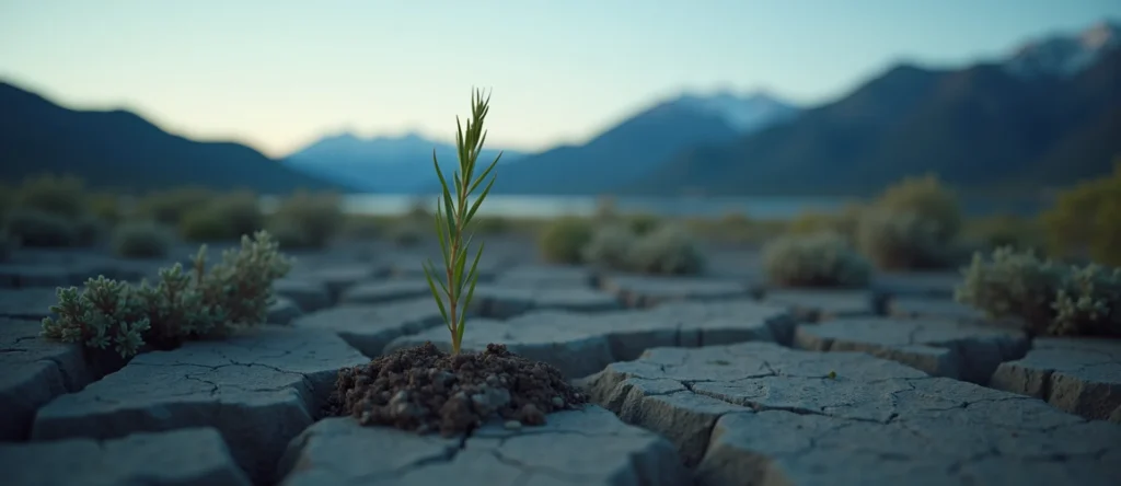 Symbolizing Seed/New Beginning: A local Rabbitbrush shoot emerging from cracked soil. - AI Generated