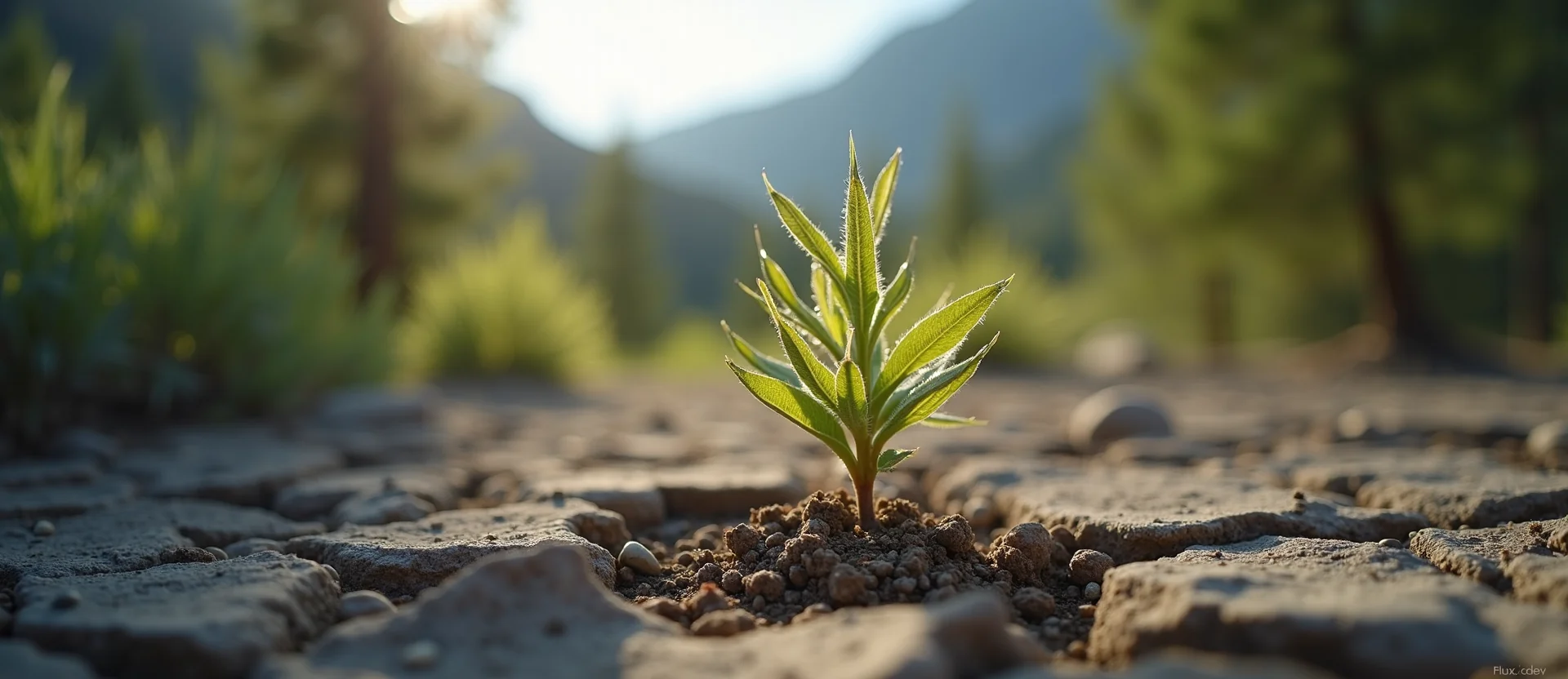Symbolizing Seed/New Beginning: A local Manzanita shoot emerging from cracked soil. - AI Generated