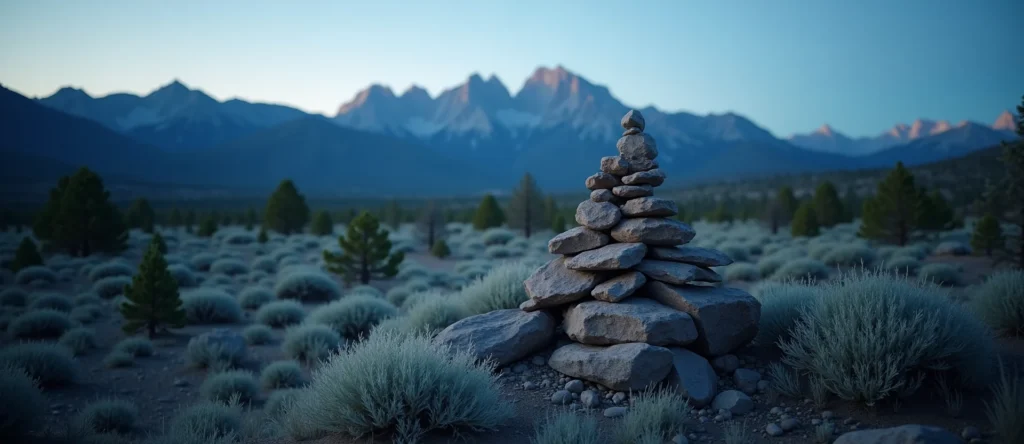 Symbolizing Stability/Peak: A local Sierra Juniper ancient rock cairn. - AI Generated