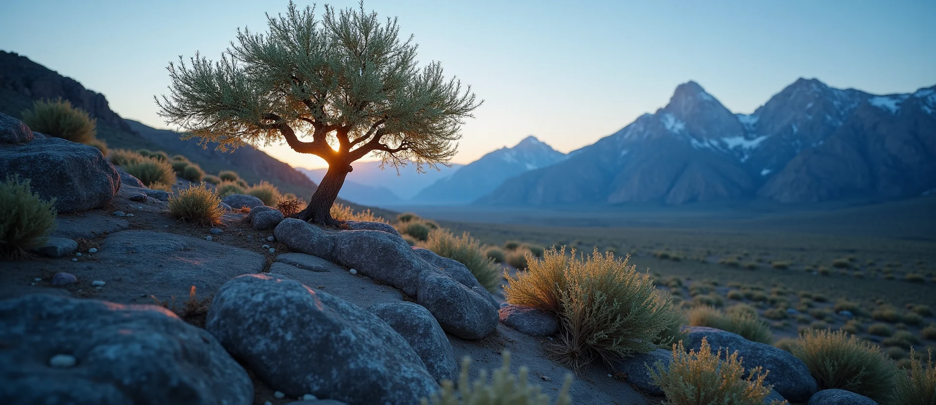 Symbolizing Growth/Resilience: A local Rabbitbrush tree growing out of a rock cleft. - AI Generated