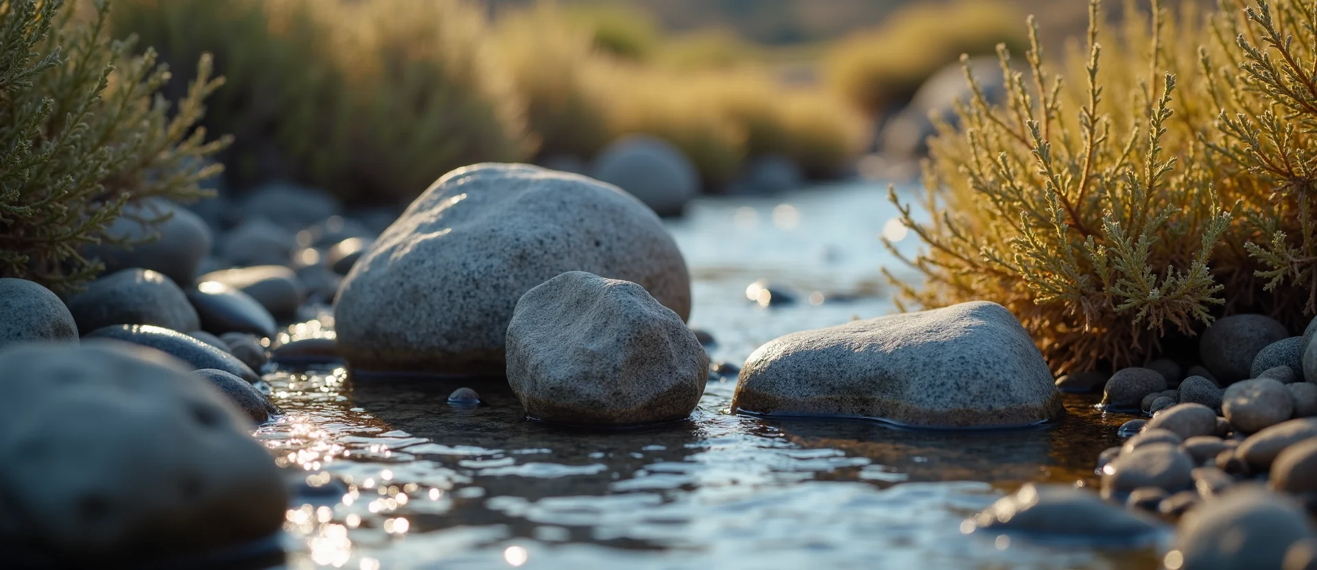 Symbolizing Flow/Cleansing: A local Rabbitbrush smooth Truckee river stones. - AI Generated