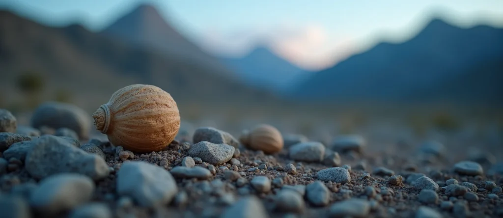Symbolizing Seed/New Beginning: A local Desert Peach single pine seed on dry earth. - AI Generated