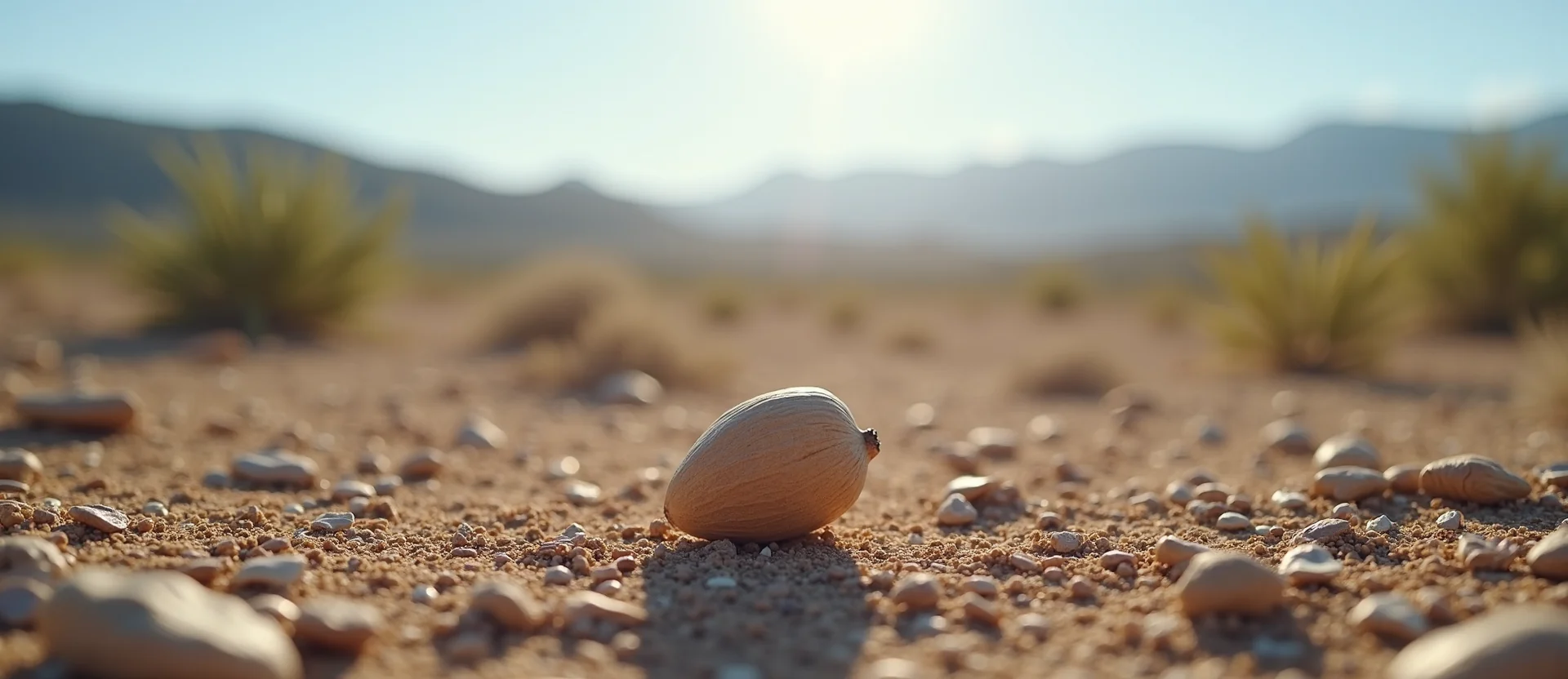 Symbolizing Seed/New Beginning: A local Desert Peach single pine seed on dry earth. - AI Generated