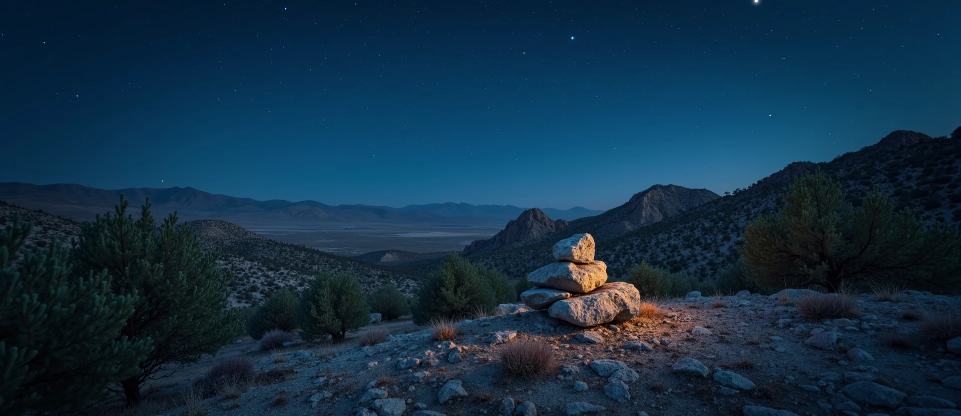 Symbolizing Stability/Peak: A local Sierra Juniper ancient rock cairn. - AI Generated
