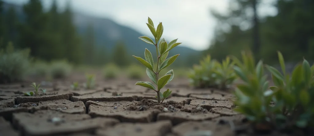 Symbolizing Seed/New Beginning: A local Quaking Aspen shoot emerging from cracked soil. - AI Generated