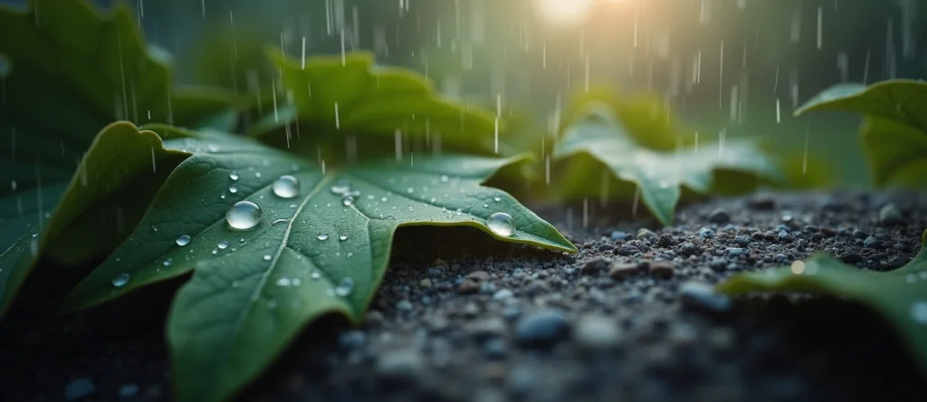 Symbolizing Flow/Cleansing: A local Quaking Aspen raindrops on desert leaves. - AI Generated