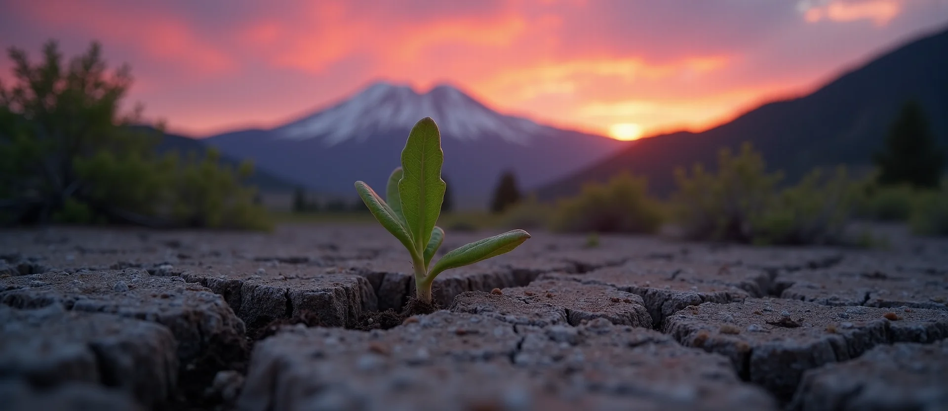 Symbolizing Seed/New Beginning: A local Mountain Mahogany shoot emerging from cracked soil. - AI Generated
