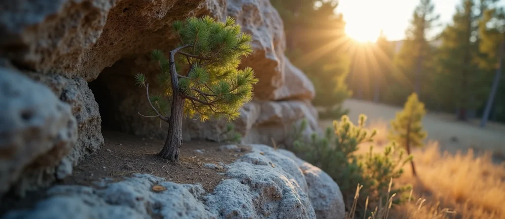 Symbolizing Growth/Resilience: A local Ponderosa Pine tree growing out of a rock cleft. - AI Generated
