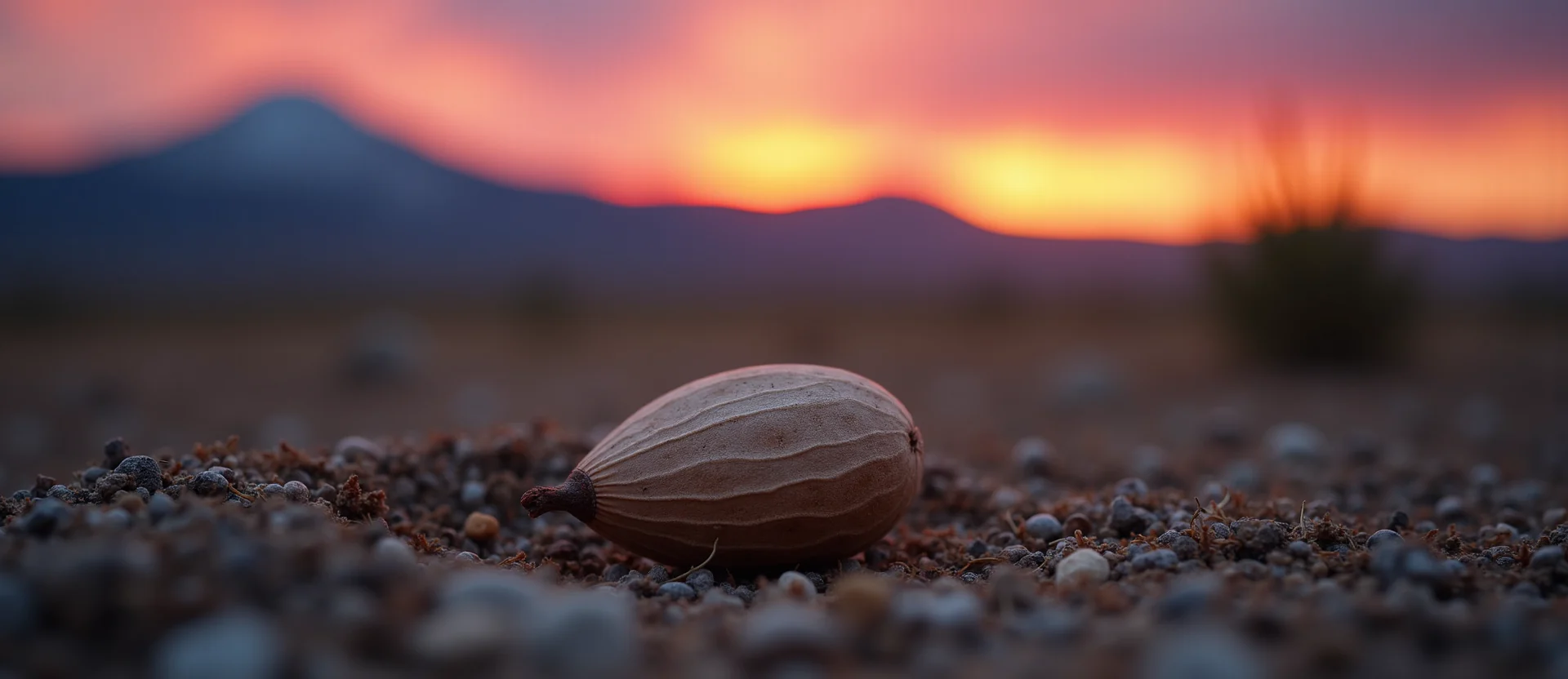 Symbolizing Seed/New Beginning: A local Desert Peach single pine seed on dry earth. - AI Generated