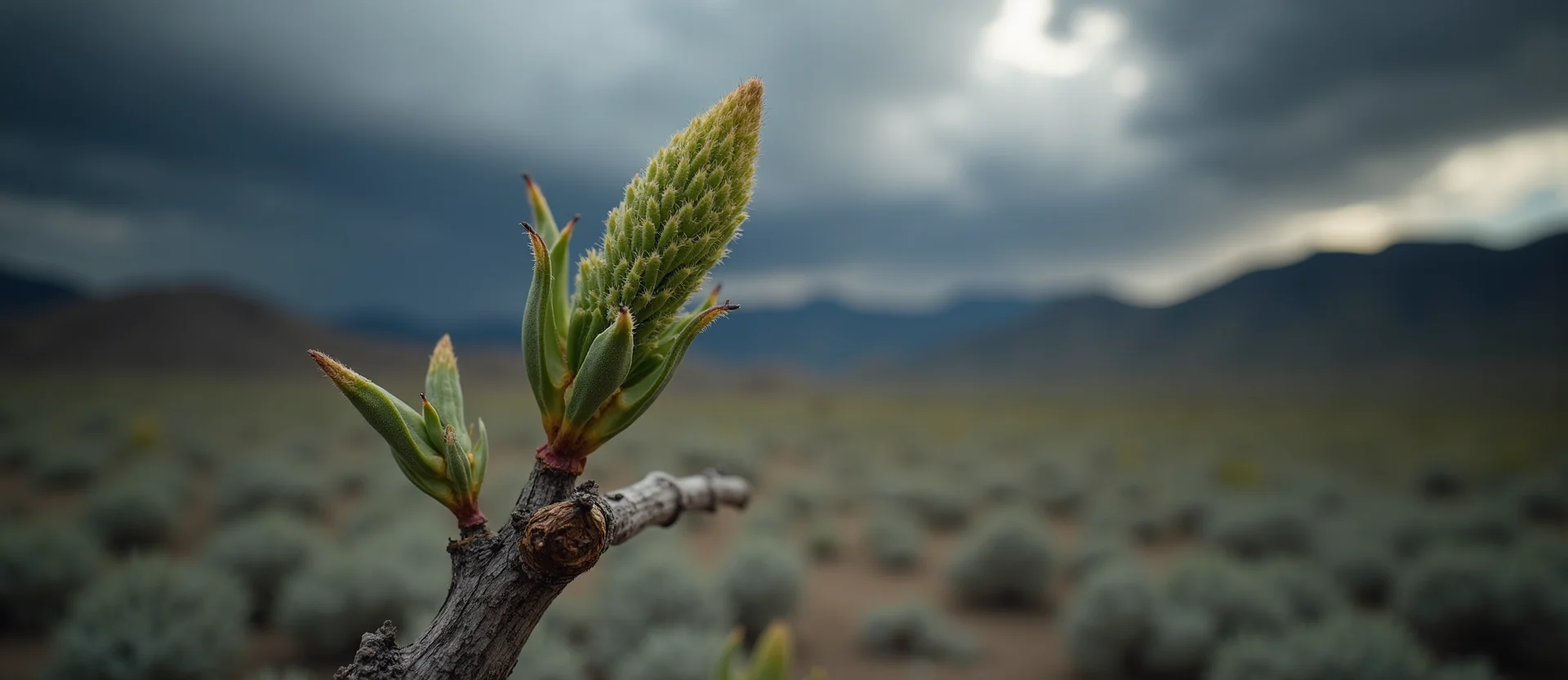 Symbolizing Seed/New Beginning: A local Mountain Mahogany new green bud on a branch. - AI Generated