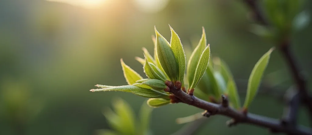 Symbolizing Seed/New Beginning: A local Sierra Juniper new green bud on a branch. - AI Generated