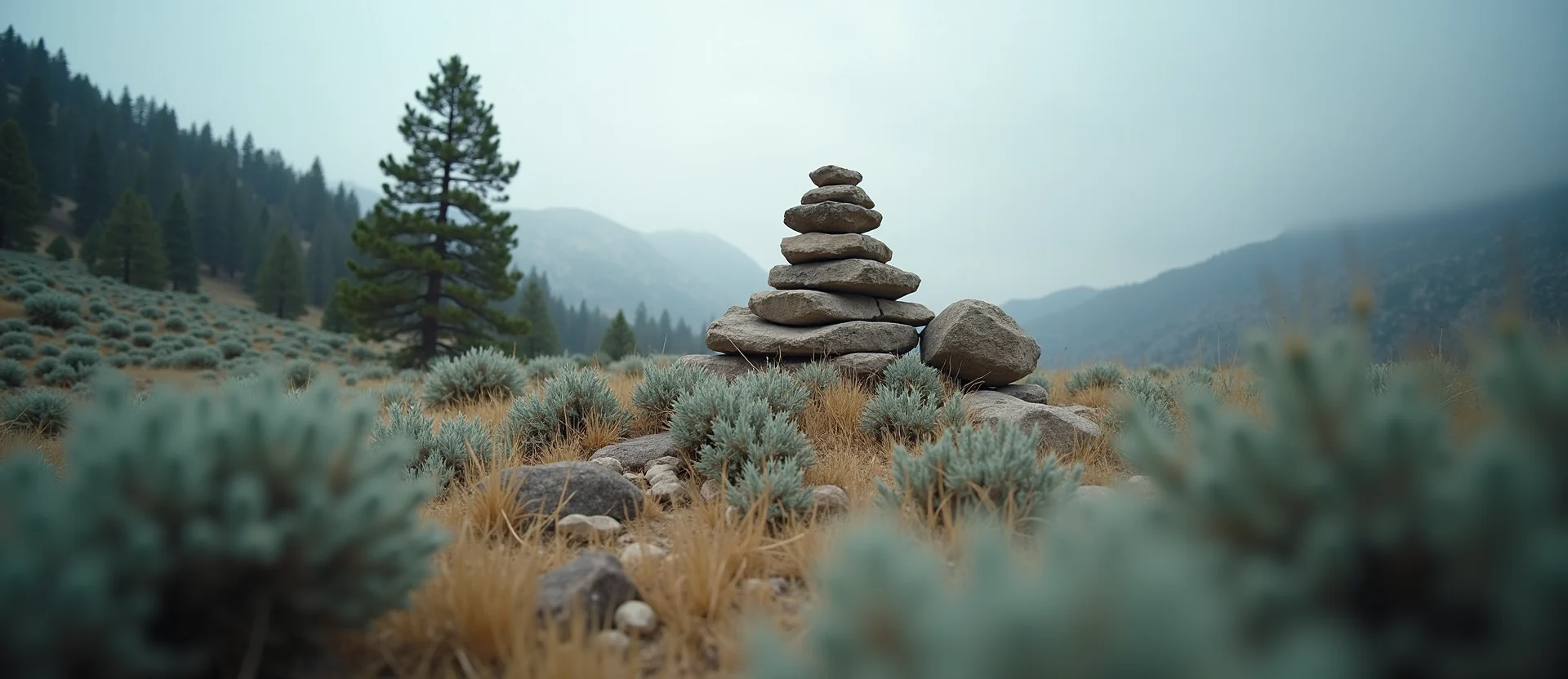 Symbolizing Stability/Peak: A local Quaking Aspen ancient rock cairn. - AI Generated