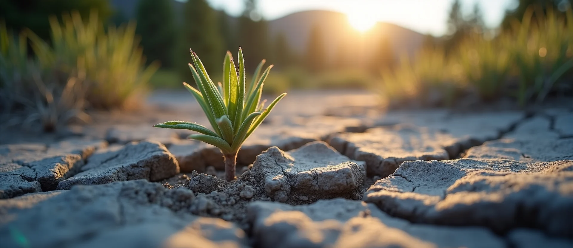 Symbolizing Seed/New Beginning: A local Ponderosa Pine shoot emerging from cracked soil. - AI Generated