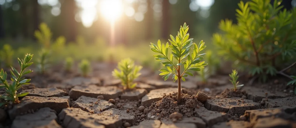 Symbolizing Seed/New Beginning: A local Bitterbrush shoot emerging from cracked soil. - AI Generated