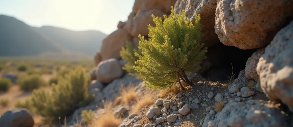 Symbolizing Growth/Resilience: A local Sagebrush (Artemisia tridentata) tree growing out of a rock cleft. - AI Generated