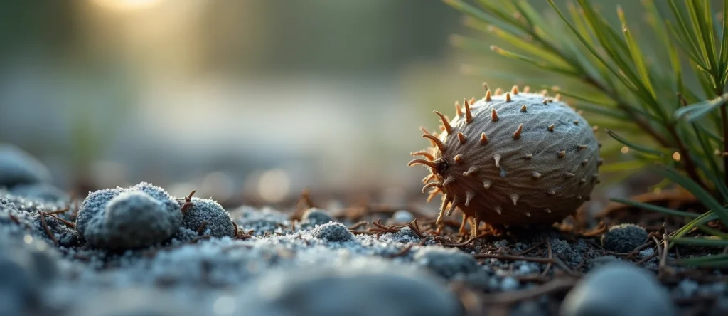 Symbolizing Seed/New Beginning: A local Desert Peach single pine seed on dry earth. - AI Generated