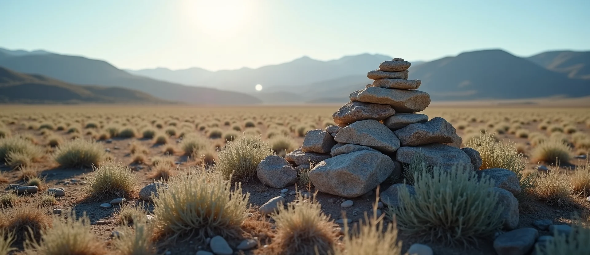 Symbolizing Stability/Peak: A local Sagebrush (Artemisia tridentata) ancient rock cairn. - AI Generated