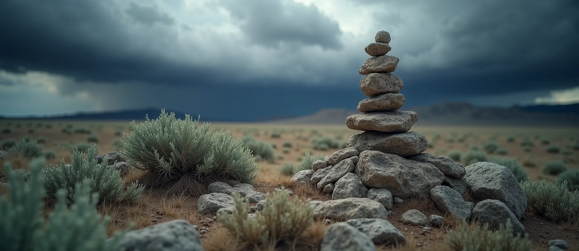 Symbolizing Stability/Peak: A local Sagebrush (Artemisia tridentata) ancient rock cairn. - AI Generated