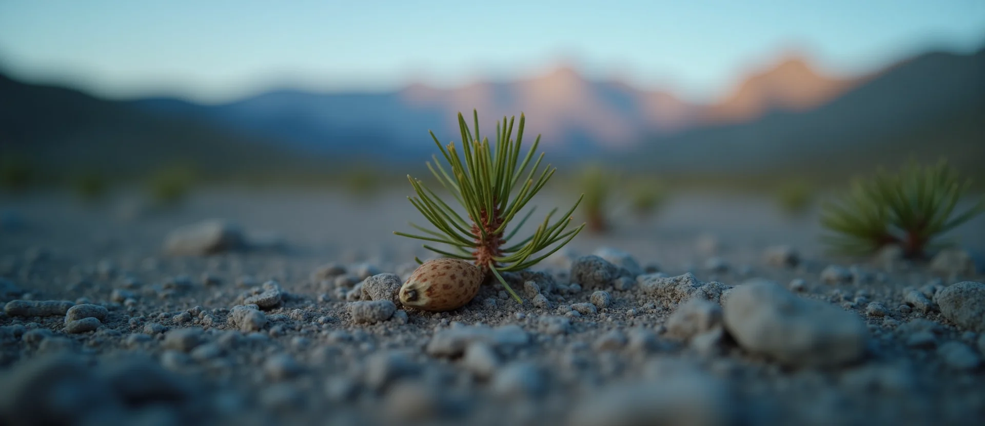 Symbolizing Seed/New Beginning: A local Rabbitbrush single pine seed on dry earth. - AI Generated
