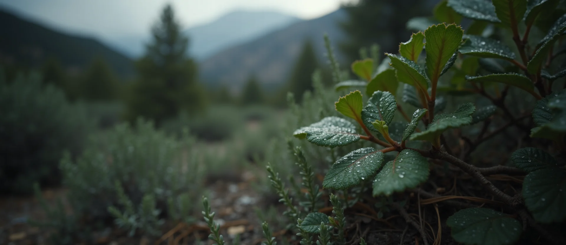 Symbolizing Flow/Cleansing: A local Mountain Mahogany raindrops on desert leaves. - AI Generated