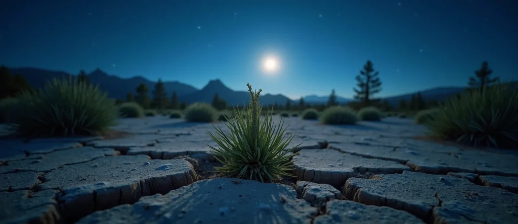 Symbolizing Seed/New Beginning: A local Bitterbrush shoot emerging from cracked soil. - AI Generated