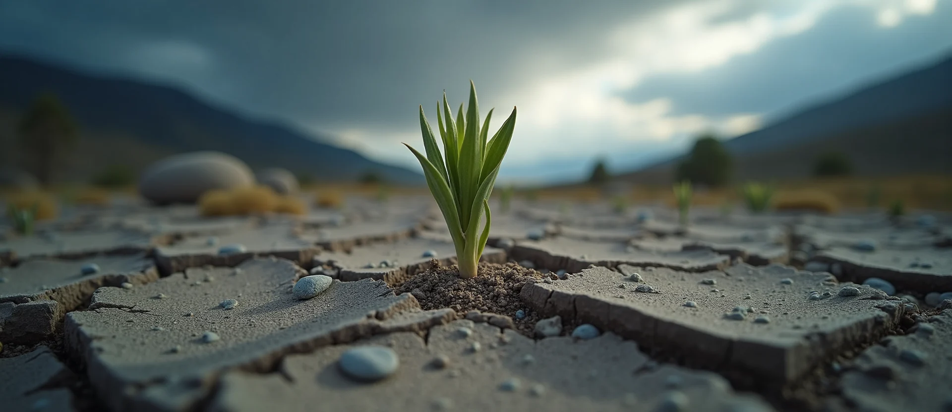 Symbolizing Seed/New Beginning: A local Mountain Mahogany shoot emerging from cracked soil. - AI Generated