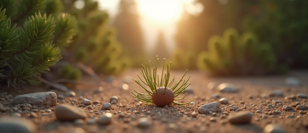Symbolizing Seed/New Beginning: A local Manzanita single pine seed on dry earth. - AI Generated