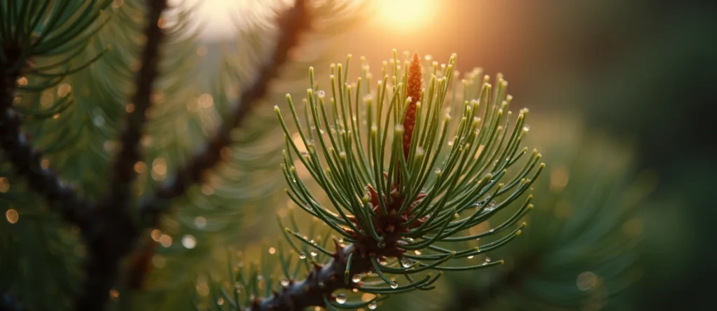 Symbolizing Flow/Cleansing: A local Desert Peach raindrops on desert leaves. - AI Generated