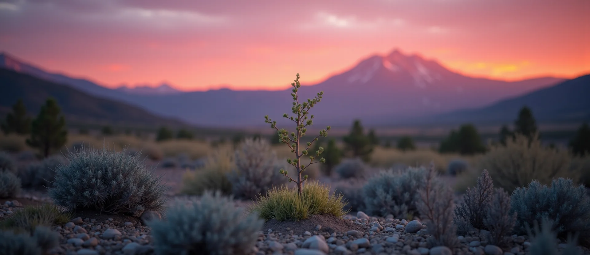 Symbolizing Seed/New Beginning: A local Sierra Juniper sprouting sagebrush seedling. - AI Generated