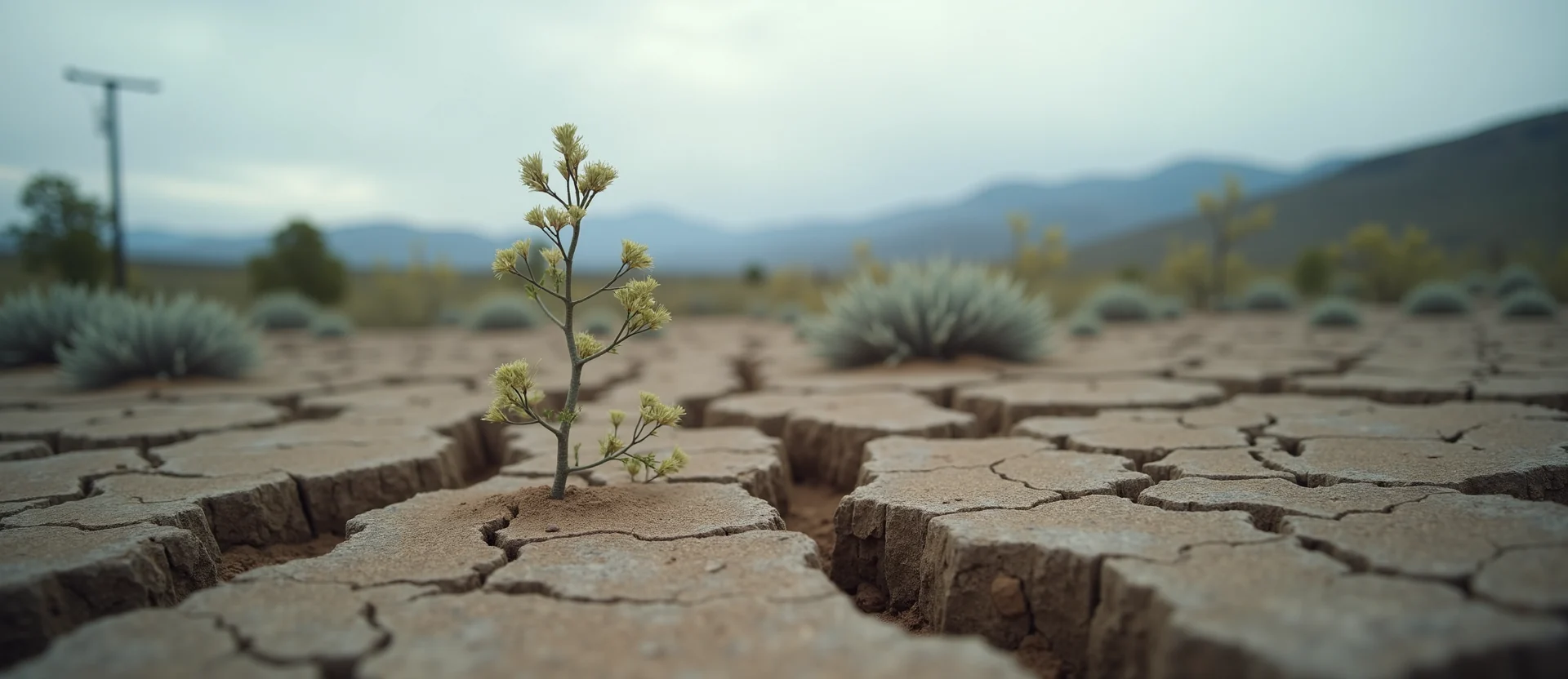 Symbolizing Seed/New Beginning: A local Mountain Mahogany shoot emerging from cracked soil. - AI Generated