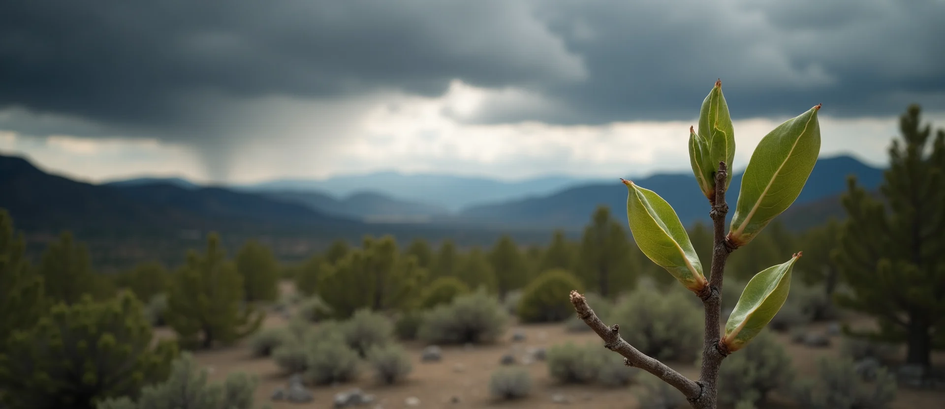 Symbolizing Seed/New Beginning: A local Mountain Mahogany new green bud on a branch. - AI Generated