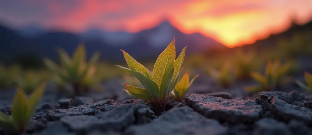 Symbolizing Seed/New Beginning: A local Bitterbrush shoot emerging from cracked soil. - AI Generated