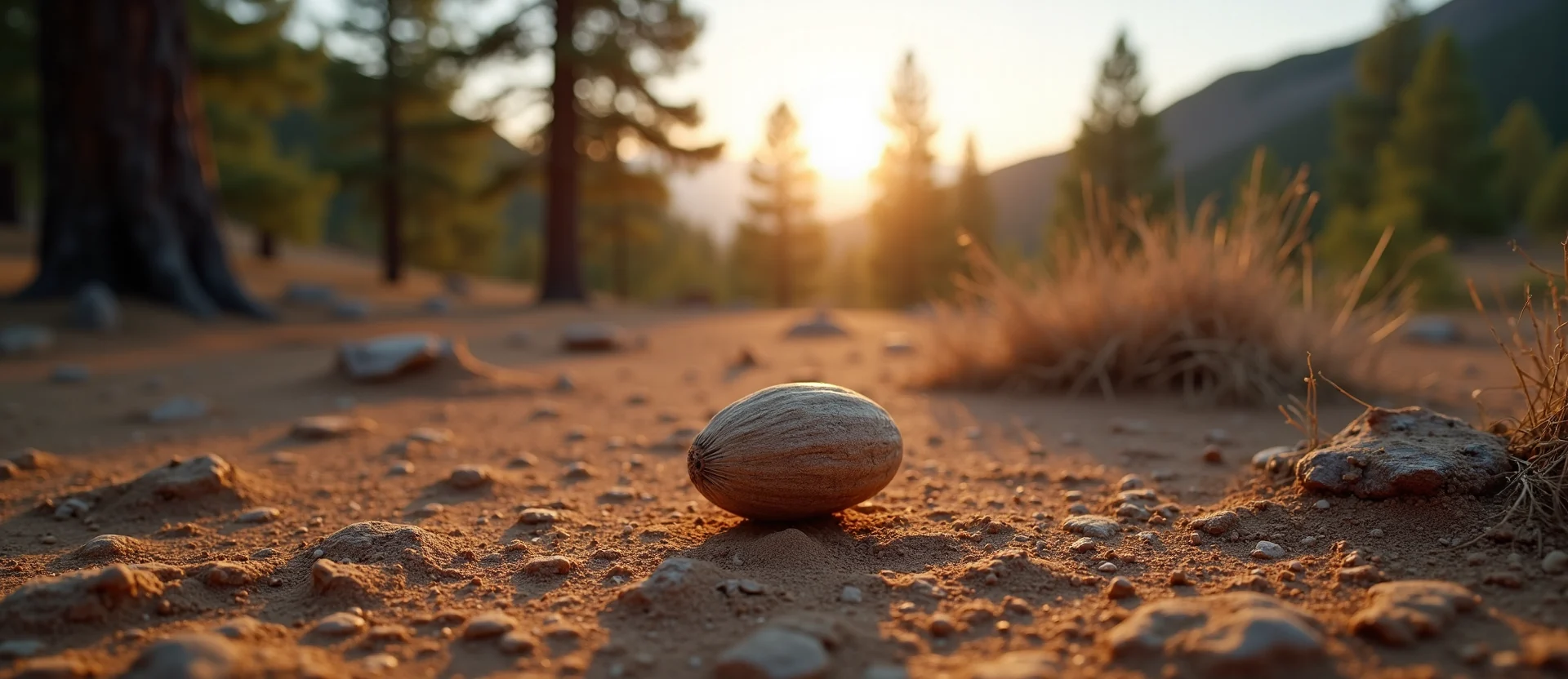 Symbolizing Seed/New Beginning: A local Ponderosa Pine single pine seed on dry earth. - AI Generated