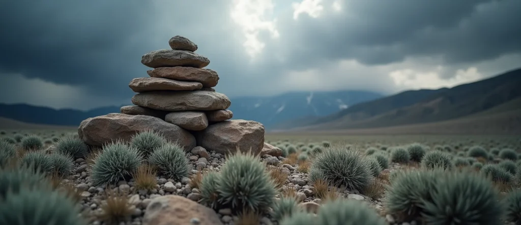Symbolizing Stability/Peak: A local Rabbitbrush ancient rock cairn. - AI Generated