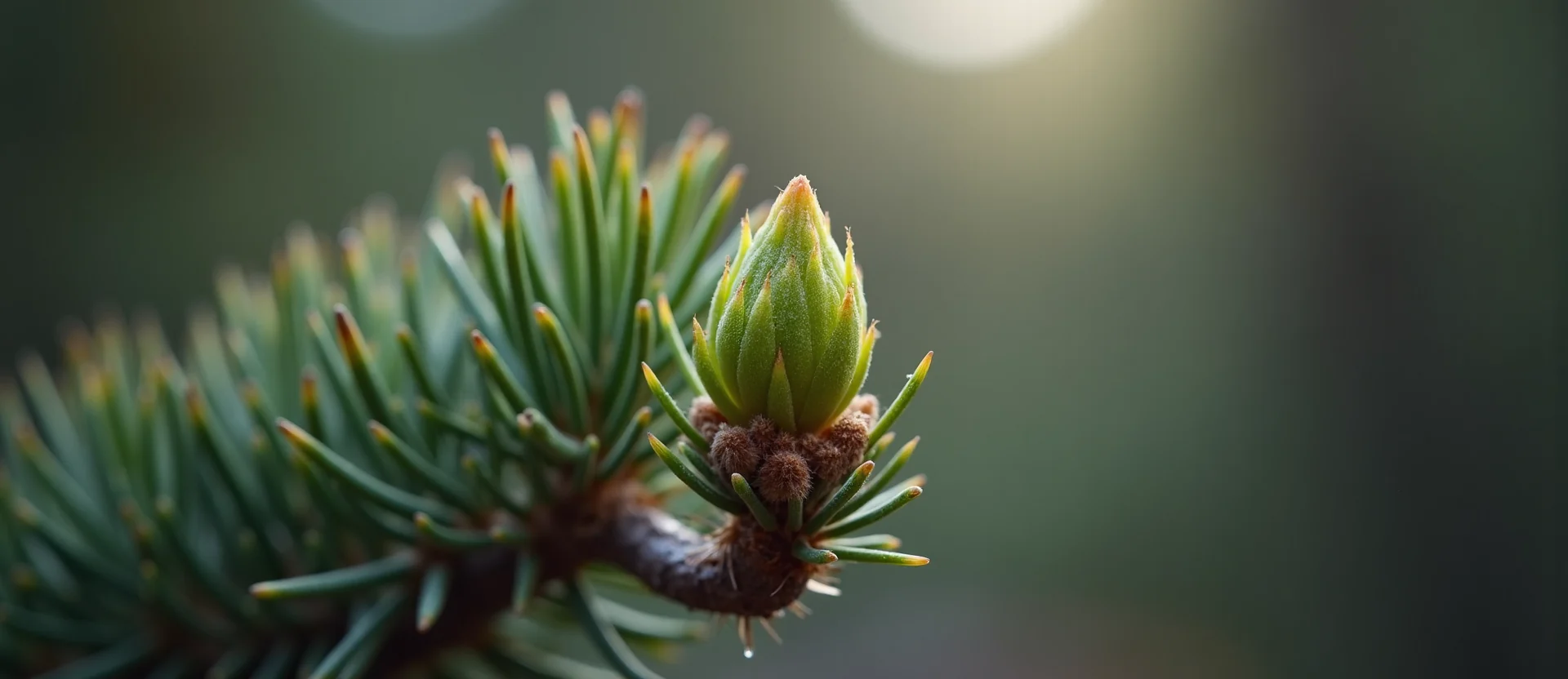 Symbolizing Seed/New Beginning: A local Sierra Juniper new green bud on a branch. - AI Generated