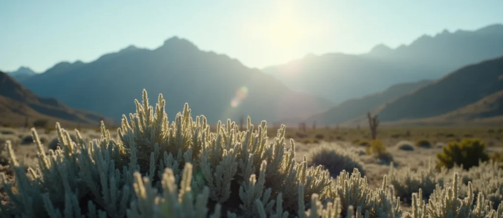 Symbolizing Flow/Cleansing: A local Rabbitbrush raindrops on desert leaves. - AI Generated