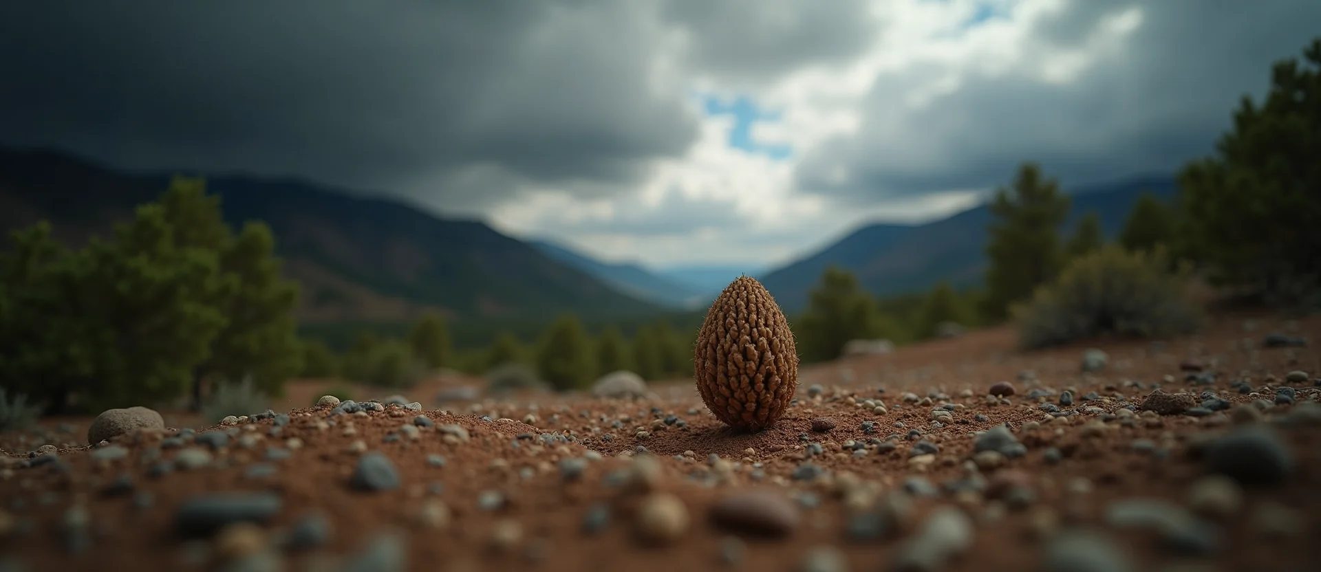 Symbolizing Seed/New Beginning: A local Sierra Juniper single pine seed on dry earth. - AI Generated