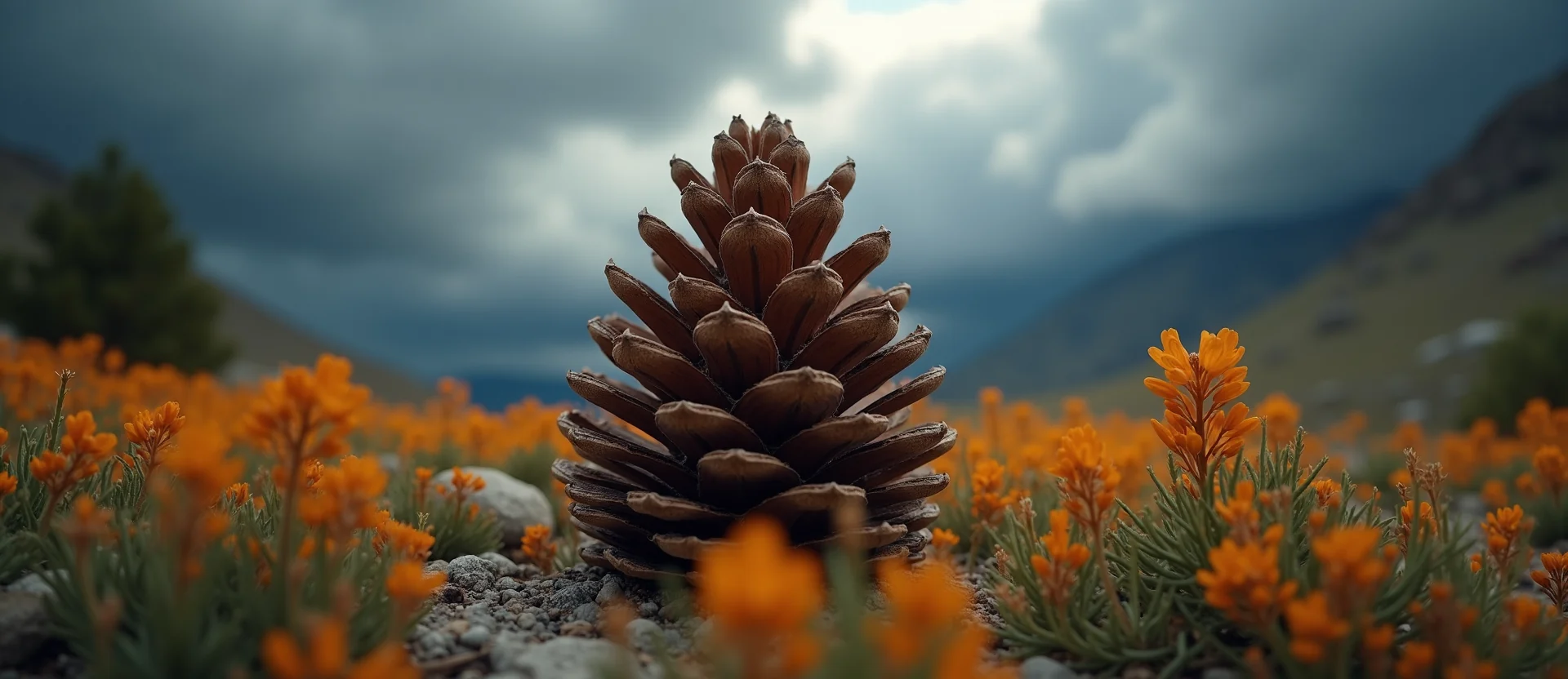 Symbolizing Seed/New Beginning: A local Indian Paintbrush opening pine cone. - AI Generated