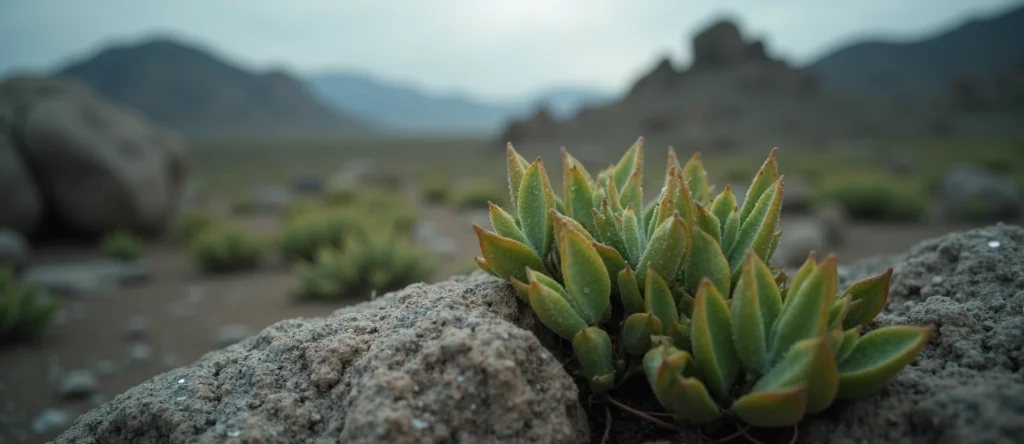Symbolizing Flow/Cleansing: A local Desert Peach raindrops on desert leaves. - AI Generated