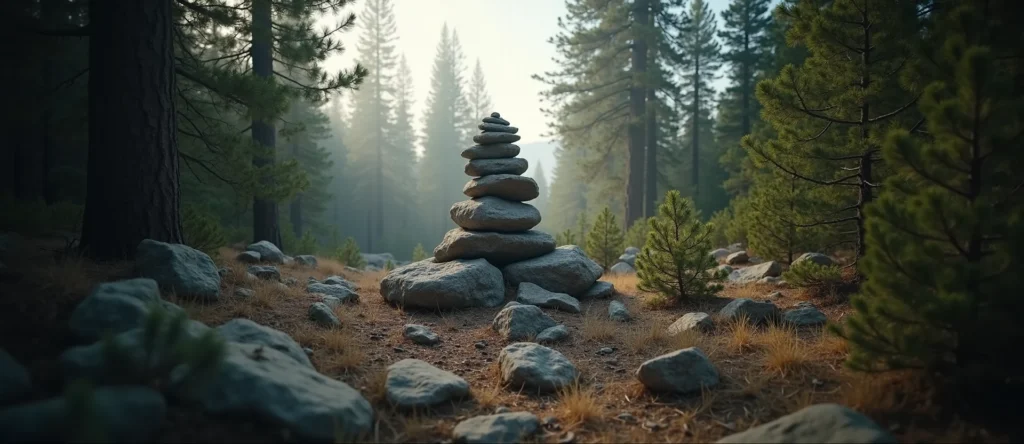 Symbolizing Stability/Peak: A local Sierra Juniper ancient rock cairn. - AI Generated