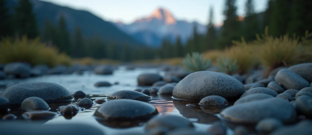 Symbolizing Flow/Cleansing: A local Rabbitbrush smooth Truckee river stones. - AI Generated