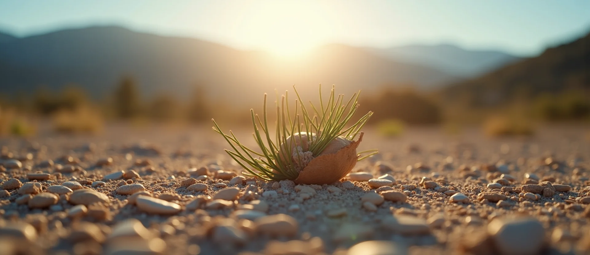 Symbolizing Seed/New Beginning: A local Desert Peach single pine seed on dry earth. - AI Generated