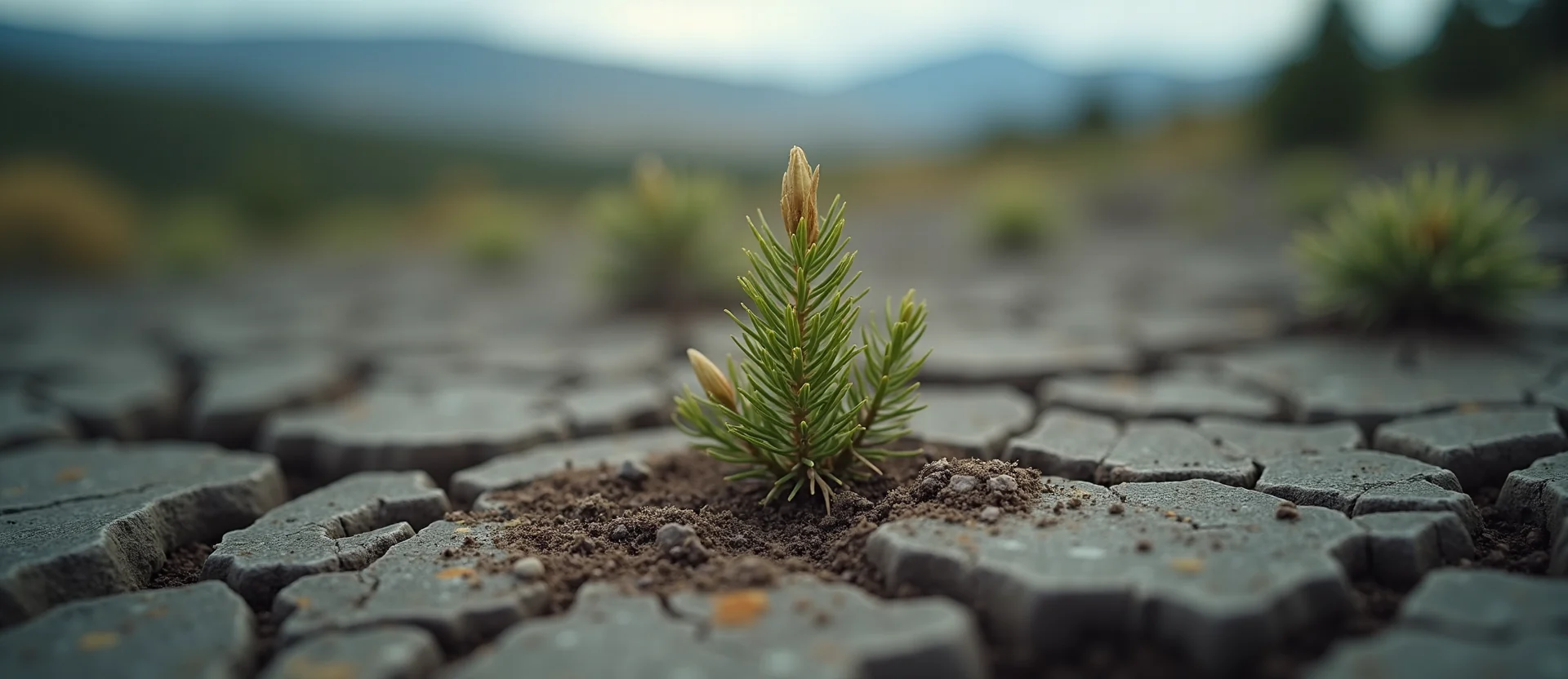 Symbolizing Seed/New Beginning: A local Manzanita shoot emerging from cracked soil. - AI Generated