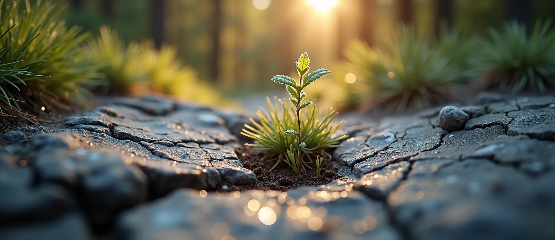 Symbolizing Seed/New Beginning: A local Mountain Mahogany shoot emerging from cracked soil. - AI Generated