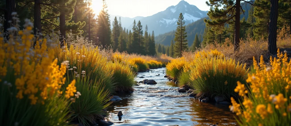 Symbolizing Flow/Cleansing: A local Indian Paintbrush clear cold snowmelt stream. - AI Generated